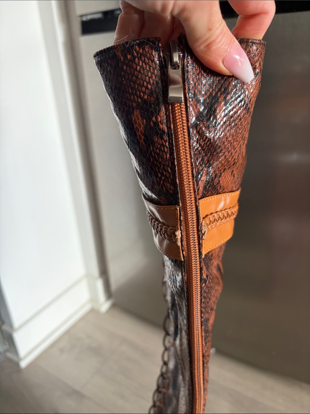 Women’s Brown Faux Snakeskin Lace-Up Peep-Toe High Heel Boot - Picture 3 of 6